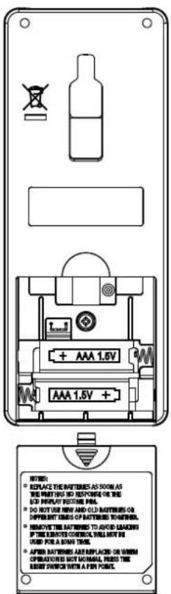 NOTES: • REPLACE THE BATTERIES AS 500N AS THE PRINTING NO REFERENCE OR THE EXP. REPEAT RECÔME PRL. • DO NOT USE NEW AND OLD BATTERIES OR DIFFERENT TIMES OF BATTERIES TOGETHEL • REMOVE THE BATTERIES TO AVOID LAYOUT IF THE ELIVER CONTROL WILL NOT BE USED FOR A SHORT TIME. • AFTER BATTERIES ARE REPLACED OR WHEN OPERATIONS IS NOT NORMAL, PRESS THE LABEL SWITCH INTO A FOR POINT.