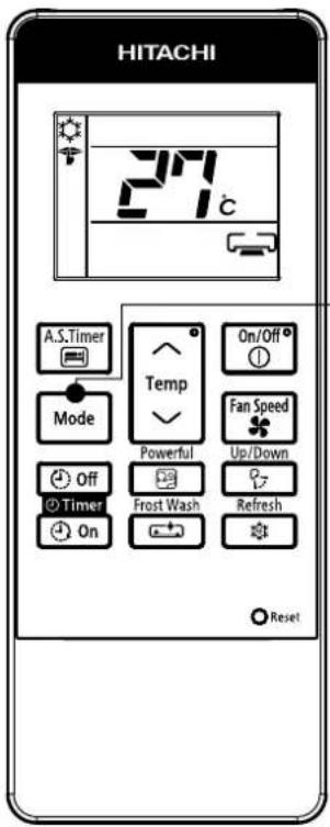 HITACHI 27°C A.S.Timer Mode Off Timer On Temp Powerful Frost Wash On/Off Fan Speed Up/Down Refresh Reset
