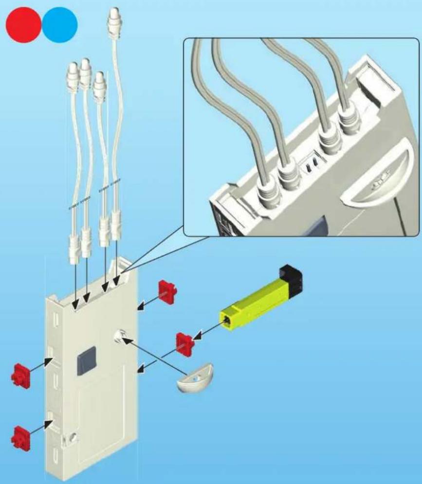 Technical diagram showing wiring connections to a device with red and blue connectors, including a magnified inset of the component.