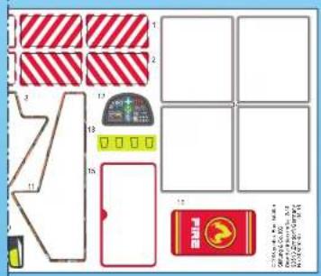 Diagram with numbered grid layout and labeled icons including a red striped rectangle, a green control panel, and a fire symbol.