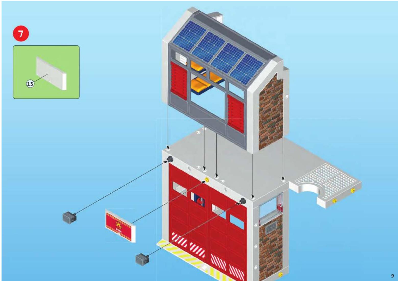 Diagram of a fire safety enclosure with solar panels, fire resistance flag, and control panel, labeled with component numbers 7 and 15.