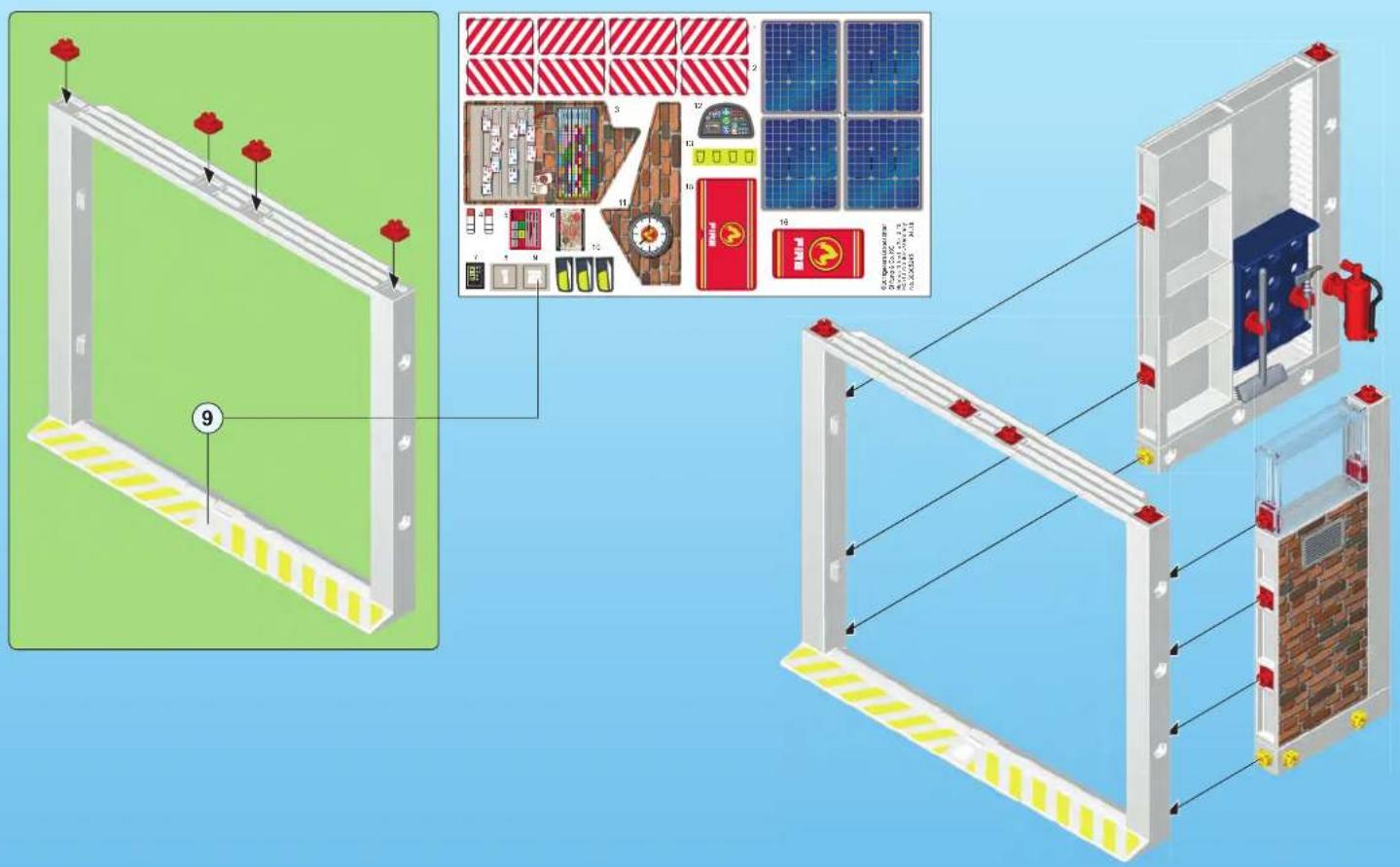 Technical diagram illustrating a safety enclosure installation with labeled components and a corresponding schematic of solar panel installation.