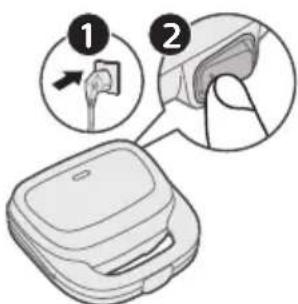 Diagram showing two steps of a device with labeled parts, including a switch and cable attachment.