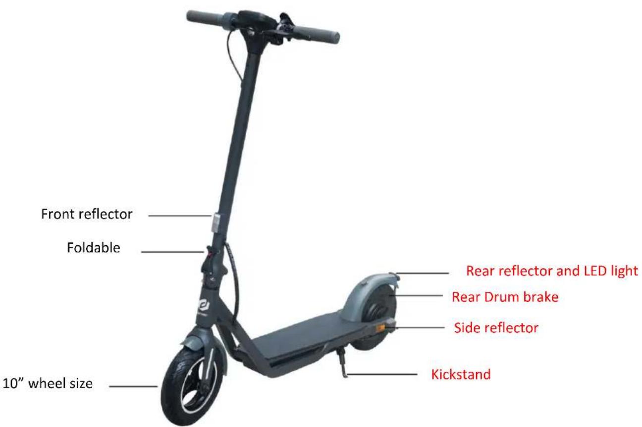 Front reflector Foldable 10" wheel size Rear reflector and LED light Rear Drum brake Side reflector Kickstand
