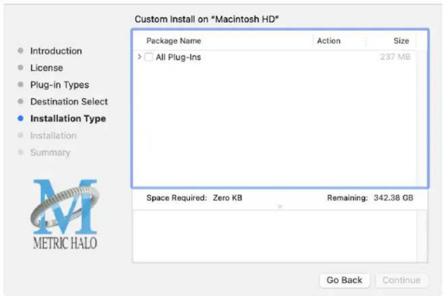 Custom Install on "Macintosh HD" Package Name Action Size > All Plug-Ins 237 MB Space Required: Zero KB Remaining: 342.38 GB Go Back Continue