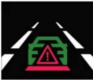 Warning sign with green and red warning symbol inside a vehicle ahead, indicating hazard or accident