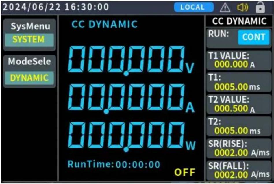2024/06/22 16:30:00 LOCAL SysMenu SYSTEM ModeSele DYNAMIC CC DYNAMIC 000.000v 00.000A 000.000w RunTime:00:00:00 OFF CC DYNAMIC RUN: CONT T1 VALUE: 000.000 A T1: 0005.00 ms T2 VALUE: 000.500 A T2: 0005.00 ms SR(RISE): 0002.00 A/ms SR(FALL): 0002.00 A/ms
