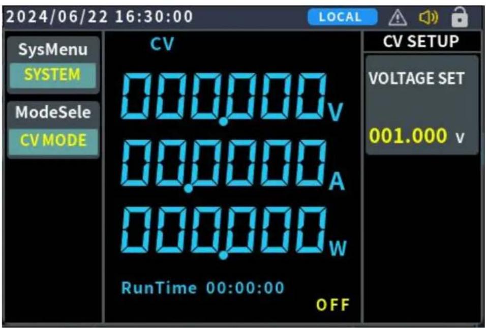 2024/06/22 16:30:00 LOCAL SysMenu SYSTEM ModeSele CV MODE CV 000.000v 000.000A 000.000w RunTime 00:00:00 OFF CV SETUP VOLTAGE SET 001.000 v