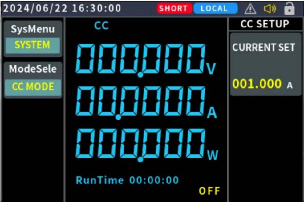 2024/06/22 16:30:00 SHORT LOCAL SysMenu SYSTEM ModeSele CC MODE CC 000.000v 000.000A 000.000w RunTime 00:00:00 OFF CC SETUP CURRENT SET 001.000 A