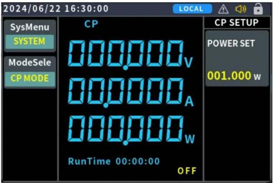 2024/06/22 16:30:00 LOCAL SysMenu SYSTEM ModeSele CP MODE CP 000.000v 000.000A 000.000w RunTime 00:00:00 OFF CP SETUP POWER SET 001.000 w
