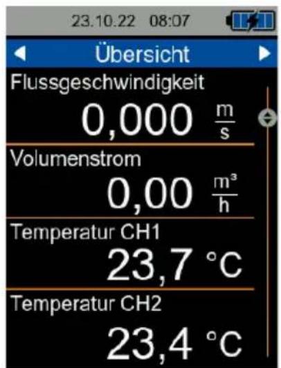 23.10.22 08:07 Übersicht Flussgeschwindigkeit 0,000 m/s Volumenstrom 0,00 m³/h Temperatur CH1 23,7 °C Temperatur CH2 23,4 °C