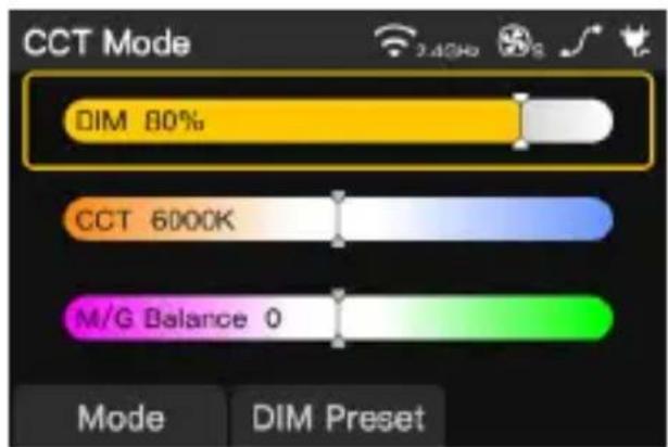 CCT Mode DIM 80% CCT 6000K M/G Balance 0 Mode DIM Preset
