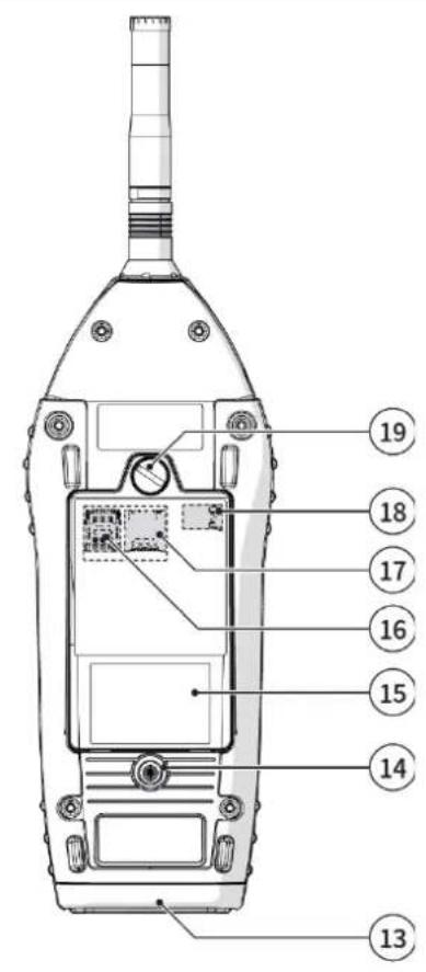Technical diagram of a walkie-talkie with numbered parts labeled for identification