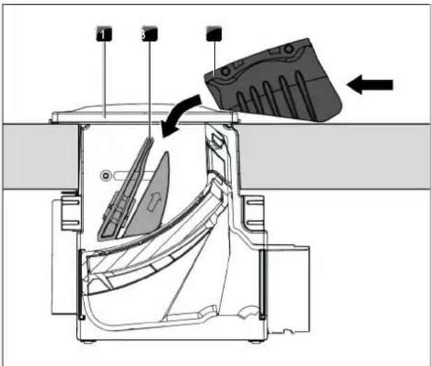 Technical diagram of a mechanical device with labeled components and directional arrows indicating assembly or movement.