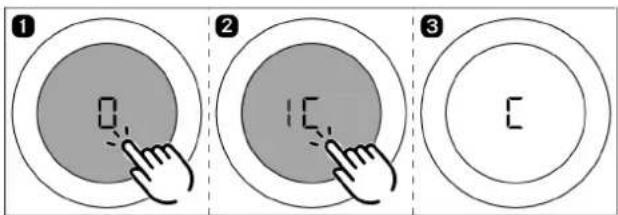 Three-step diagram showing finger pressing a button on a circular interface, labeled 1, 2, and 3.
