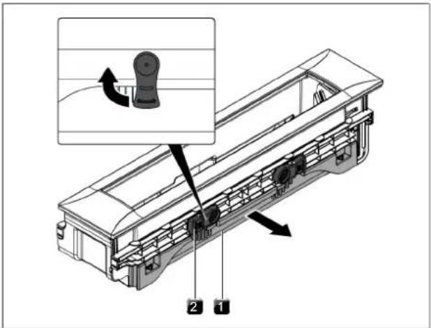 Technical diagram of a vehicle chassis with labeled parts and directional arrows indicating assembly or movement.