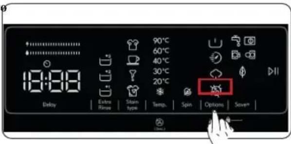9 10:00 Delay Extra Rinse Stain type 90°C 60°C 40°C 30°C 20°C Temp. Spin Options Save*
