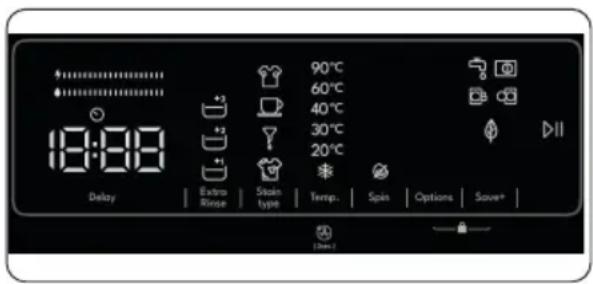 90°C 60°C 40°C 30°C 20°C Delay Extra Rinse Stain type Temp. Spin Options Save+