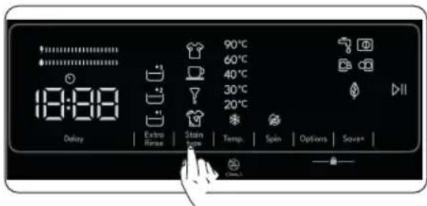 19:08 Delay Extra Rise Stain type 90°C 60°C 40°C 30°C 20°C Temp. Spin Options Save+