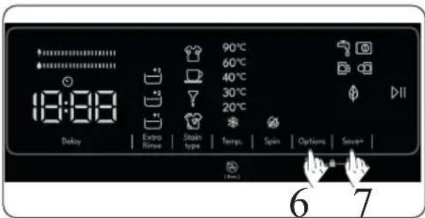 18:00 Delay Extra Rinse Stain type 90°C 60°C 40°C 30°C 20°C Temp. Spin Options Save+ 6 7