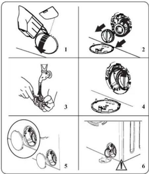 Six-step diagram illustrating mechanical assembly steps with labeled components and directional arrows
