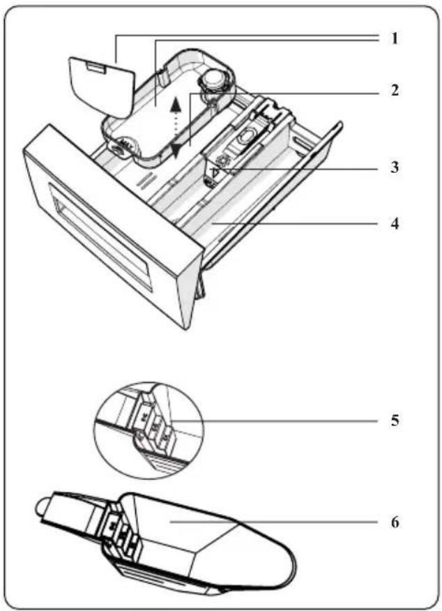 Technical diagram of a device's internal components with numbered parts and exploded views