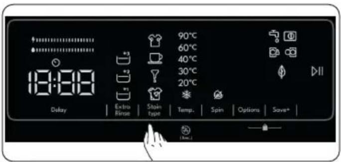 9:00 Delay Extra Rinse Stain type Temp. Spin Options Save*
