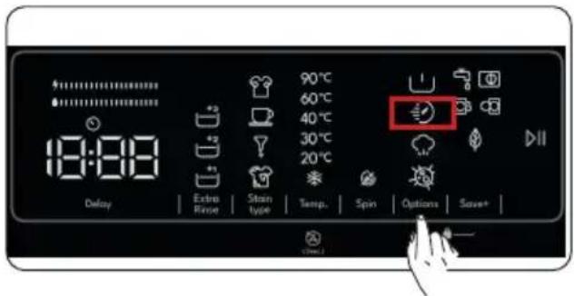 18:00 Delay Extra Rinse Stain type 90°C 60°C 40°C 30°C 20°C Temp. Spin Options Save+