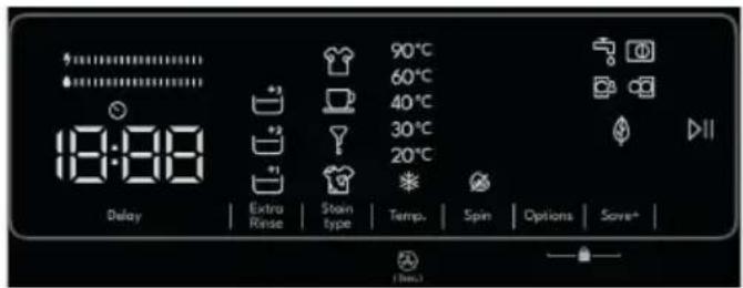 18:00 Delay Extra Rinse Stain type 90°C 60°C 40°C 30°C 20°C Temp. Spin Options Save*
