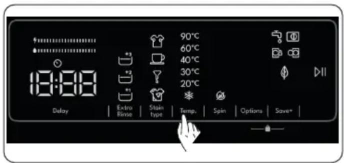 9:00 Delay Extra Rinse Stain type 90°C 60°C 40°C 30°C 20°C Temp. Spin Options Save*