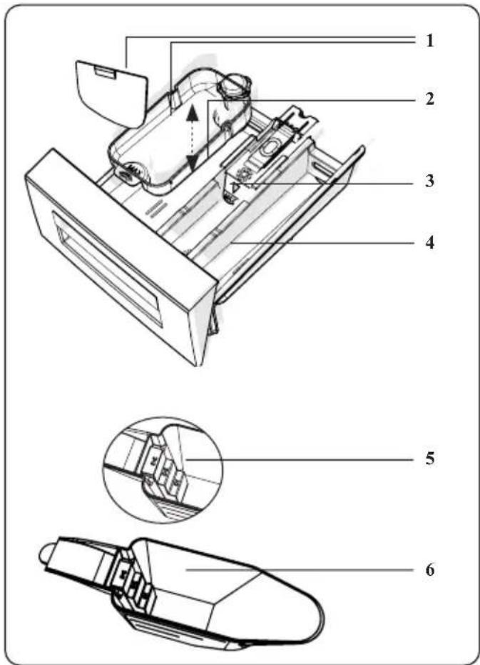 Technical diagram of a mechanical device with numbered parts and exploded views