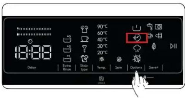 18:00 Delay Extra Rinse Stain type 90°C 60°C 40°C 30°C 20°C Spin Options Save+