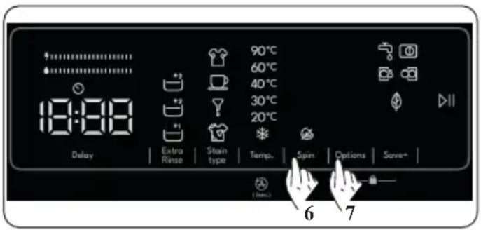 18:00 Delay Extra Rinse Stain type 90°C 60°C 40°C 30°C 20°C Temp. Spin Options Save* 6 7