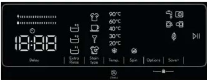 18:00 Delay Extra Raise Stain type 90°C 60°C 40°C 30°C 20°C Temp. Spin Options Save*