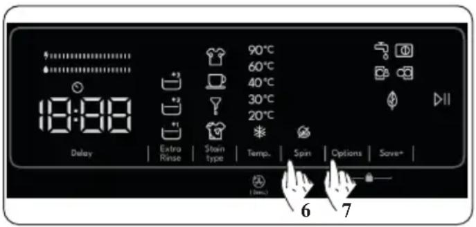 18:00 Delay Extra Rinse Stain type 90°C 60°C 40°C 30°C 20°C Temp. Spin Options Save* 6 7