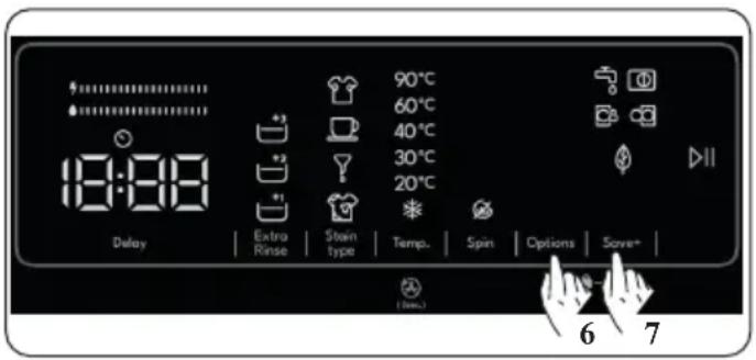 18:00 Delay Extra Rinse Stain type 90°C 60°C 40°C 30°C 20°C Temp. Spin Options Save* 6 7