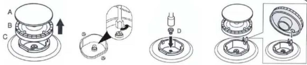 Technical diagram showing a mechanical assembly with labeled parts A, B, C, D and an inset view of the component being inserted into a housing.