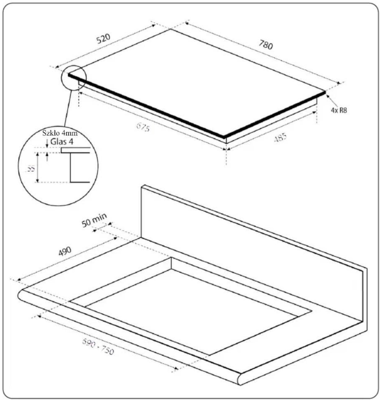 520 780 4x R8 675 485 Szkło 4mm Glas 4 35 50 min 490 590 - 750