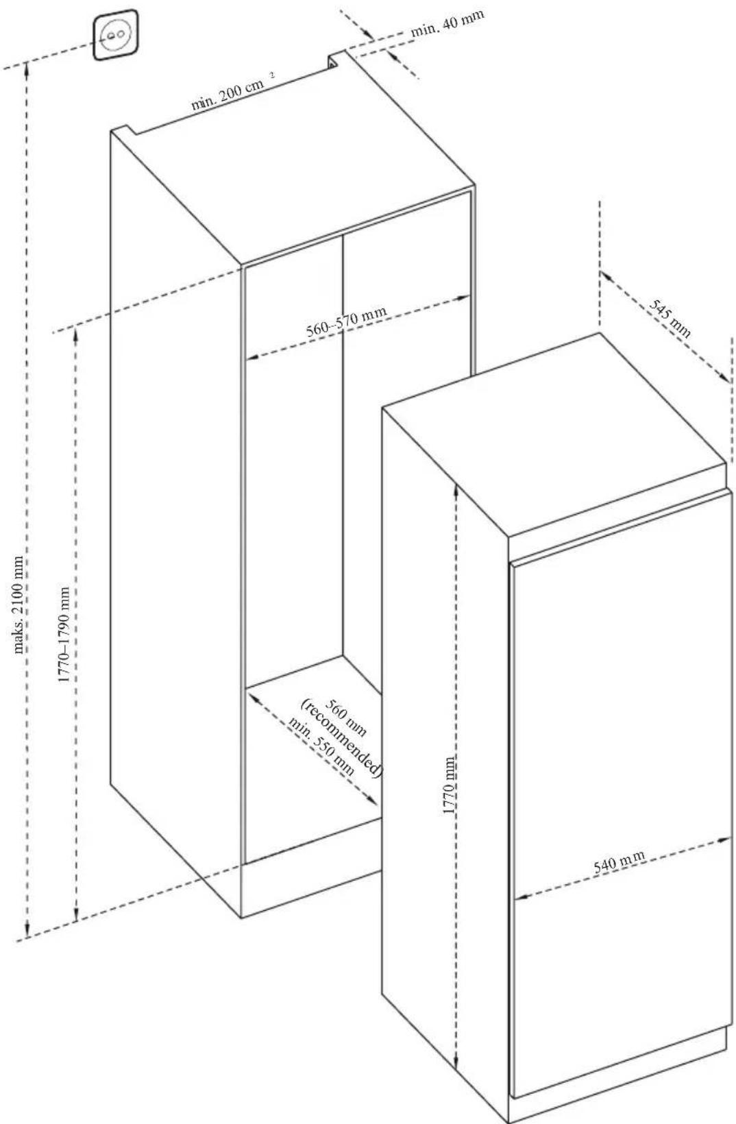 min. 200 cm² min. 40 mm 560–570 mm 545 mm 1770–1790 mm maks. 2100 mm 560 mm (recommended) min. 550 mm 1770 mm 540 mm