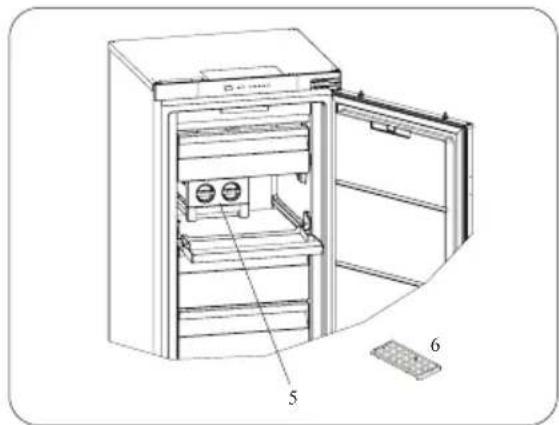 Technical diagram of an open refrigerator with labeled parts including door, front panel, and tray