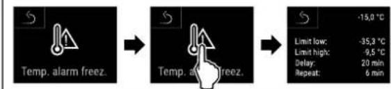 Temp. alarm freez. Temp. alarm freez. -15.0 °C Limit low: -35.3 °C Limit high: -9.5 °C Delay: 20 min Repeat: 6 min
