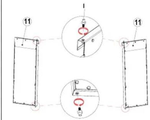 Technical diagram showing three views of a door frame with numbered annotations and mechanical components, including a close-up of the handle mechanism.