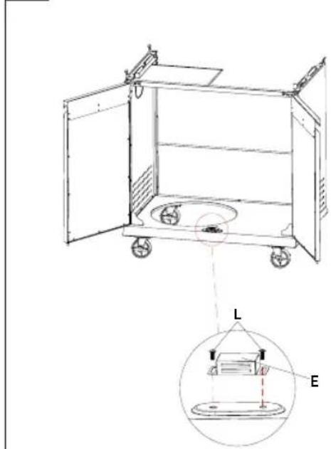 Technical diagram of a mechanical device with labeled components L and E, showing internal components and a magnified inset view.