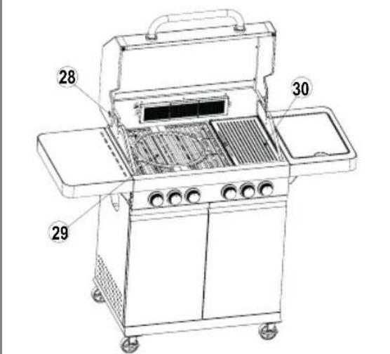 Technical diagram of a 3D grill with labeled components including grilles, doors, and heat exchangers