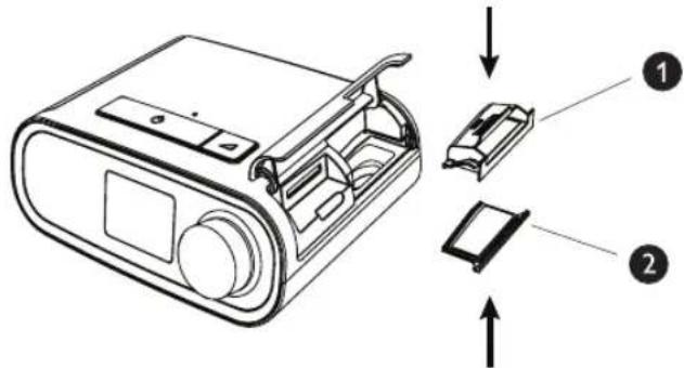 Technical diagram of a device with labeled parts, showing internal components and directional arrows.