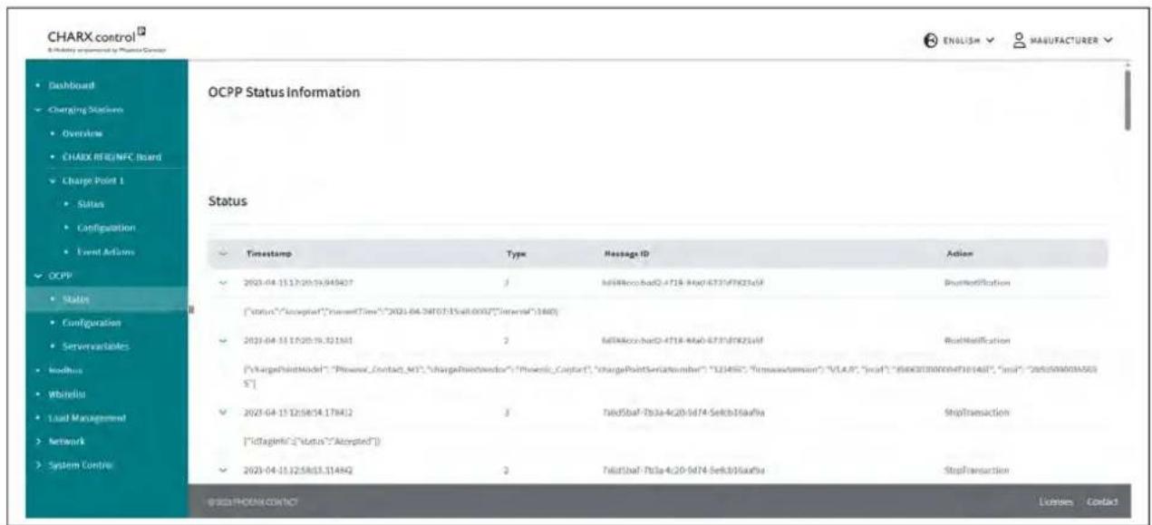 CHARX control Accessibility response by Phoenix Center Dashboard Charging Stations Overlines CHARX RING/NFC Board Charge Point 1 States Configuration Event Actions OCPP Status Information Status Timestamp Type Message ID Action 2023-04-15:20:19.045427 J MIRKoco.bodQ-4718-84a0-6737/FTK23aSF RightNormalization {"status":"Accepted","CurrentTime":"2023-04-24T07:15all:0000","Internal":1840} 2023-04-15:20:19.321361 J MIRKoco.bodQ-4718-84a0-6737/FTK23aSF RightNormalization {"kargePointModel":"Phoenix_Contact_94","kargePointWindow":"Phoenix_Center","chargePointSerialNumber":"123456","FormawaySession":"VLA9","msd":"BKK0300004718146I","msd":"205509003A50S"] 2023-04-15:25:58:14.178412 J TalidShaf-Fb3a-4c20-6d74-Selkb35aufha StopTransaction {"fdtagentic":"Status":"Accepted"} 2023-04-15:25:58:13.114842 J TalidShaf-Fb3a-4c20-6d74-Selkb35aufha StopTransaction ©321PHONE CONTACT License Contact