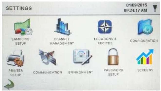 SETTINGS 01/09/2015 09:24:17 AM SAMPLING SETUP CHANNEL MANAGEMENT LOCATIONS & RECIPIES. CONFIGURATION PRINTER SETUP COMMUNICATION ENVIRONMENT PASSWORD SETUP SCREENs