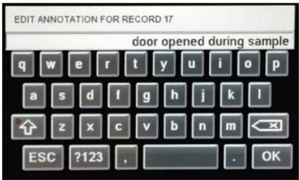 EDIT ANNOTATION FOR RECORD 17 door opened during sample q w e r t y u i o p a s d f g h j k l z x c v b n m ←x ESC ?123 , . OK
