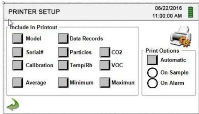PRINTER SETUP 06/22/2016 11:00:00 AM Include In Printout Model Data Records Serial# Particles CO2 Calibration Temp/Rh VOC Average Minimum Maximum Print Options Automatic On Sample On Alarm