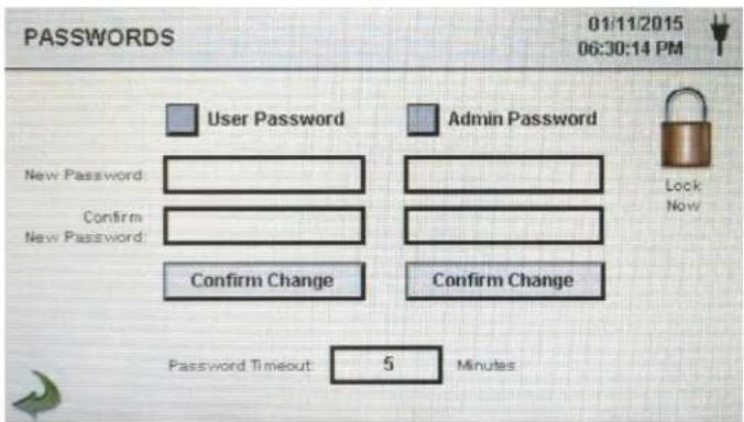 01/11/2015 06:30:14 PM User Password Admin Password New Password: Confirm New Password: Confirm Change Confirm Change Password Timeout 5 Minutes Lock Now